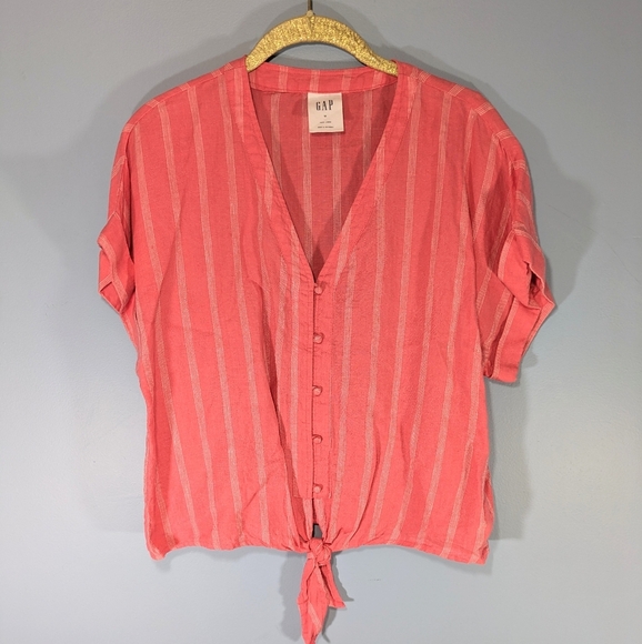 Gap Coral Striped Tie Front Linen Top - Picture 1 of 3